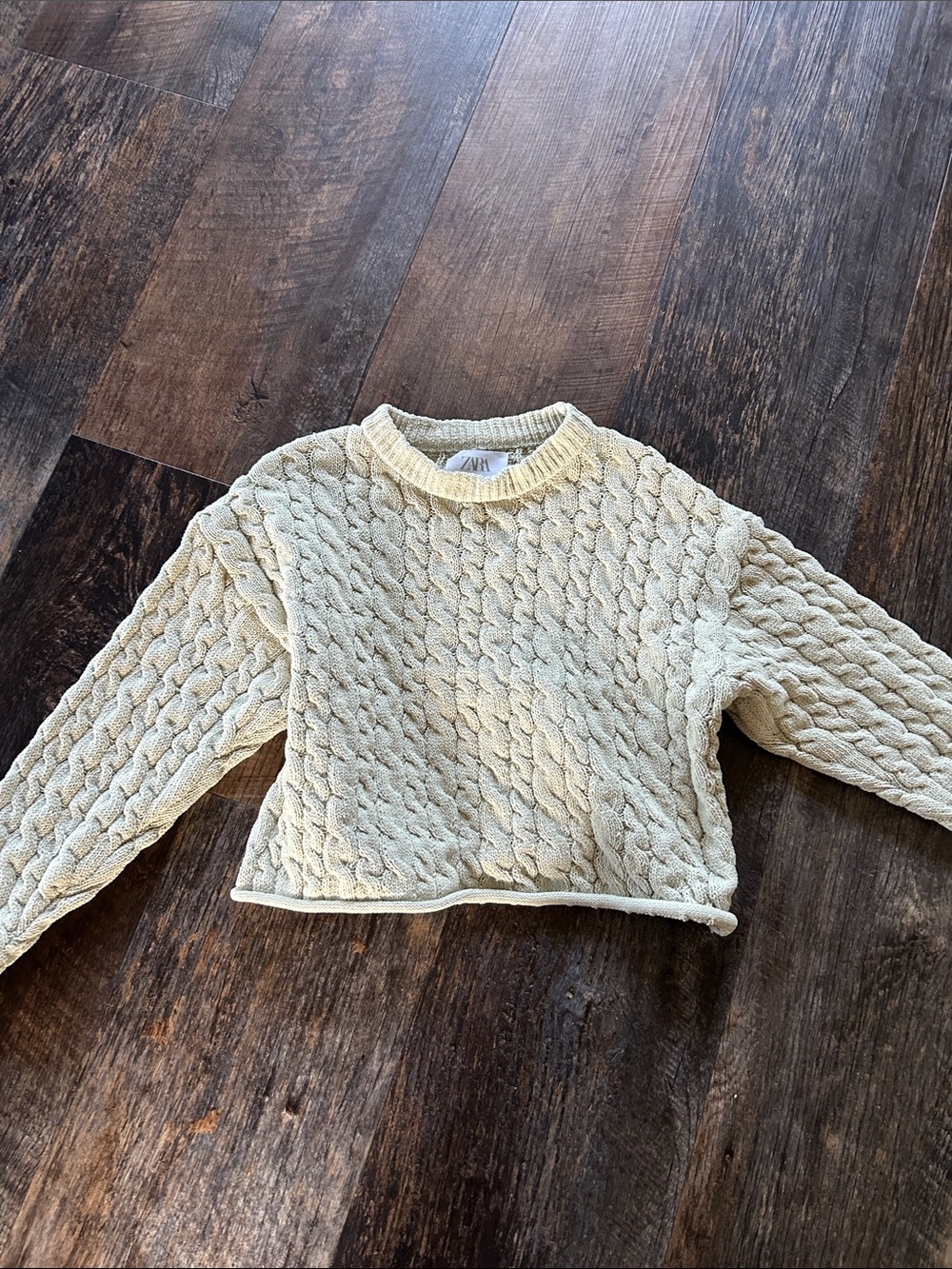 Zara Pale Green Girls Cable Crewneck Sweater size 9-10